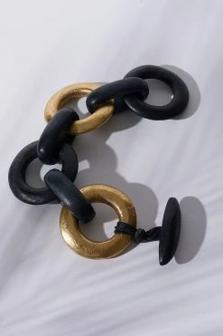 Acacia Wood And Gold Plated Circle Chain Link Bracelet -Natori Sales Shop Acacia Wood and Gold Plated Circle Chain Link Bracelet Black Gold by Natori 57212.1678466459