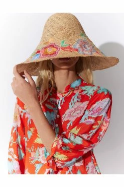 Amanpulo Embroidered Raffia Hat -Natori Sales Shop Amanpulo Obi Silk Oversized Top Pink Orange Amanpulo Embroidered Hat Natural by Natori 4 23941.1678463683