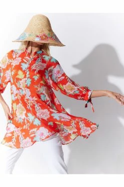 Amanpulo Obi Silk Oversized Top -Natori Sales Shop Amanpulo Obi Silk Oversized Top Pink Orange by Natori 2 77979.1674763065