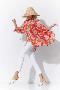 Amanpulo Obi Silk Oversized Top -Natori Sales Shop Amanpulo Obi Silk Oversized Top Pink Orange by Natori 3 93966.1674763067