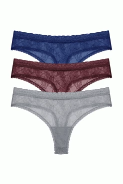 Bliss Allure One-Size Lace Thong 3-Pack -Natori Sales Shop Bliss Allure One Size Lace Thong 3 Pack Indigo Vino Stormy by Natori 85612.1692032199