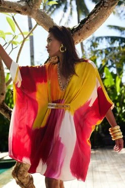 Bohol Embellished Short Silk Caftan -Natori Sales Shop Bohol Embellished Short Silk Caftan Red Multi by JN 34943.1682515602