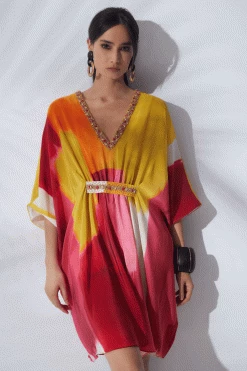 Bohol Embellished Short Silk Caftan -Natori Sales Shop Bohol Embellished Short Silk Caftan Red Multi by JN 58718.1678808338