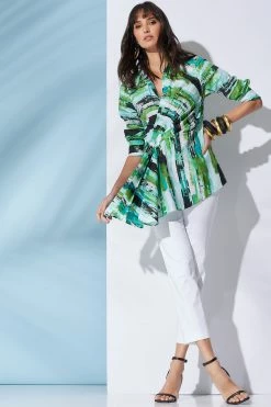 Kazuki Cotton Poplin Side Drape Embroidered Shirt 7 Kazuki Cotton Poplin Side Drape Embroidered Shirt -Natori Sales Shop Cotton Chino Ankle Pants White Kazuki Cotton Poplin Drape Shirt Multi Teal by Natori 40375.1671041044