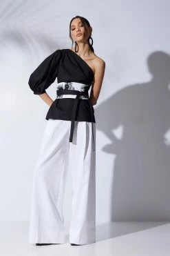 Cotton Poplin Balloon One Shoulder Top 9 Cotton Poplin Balloon One Shoulder Top -Natori Sales Shop Cotton Chino Full Trouser Pants White Cotton Poplin Balloon One Shoulder Top Black by Natori 98592.1671039335