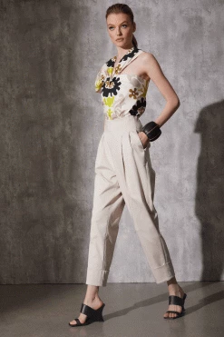 Talitha Cotton Poplin Asymmetrical Top -Natori Sales Shop Cotton Chino High Waisted Pleated Pants Sand Taupe by Natori 63928.1686689480