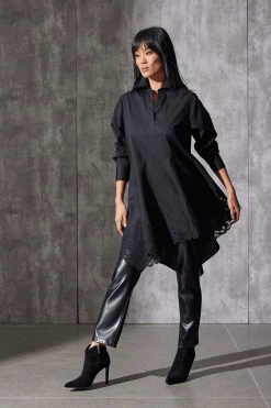 Cotton Poplin Asymmetrical Embroidered Flounce Shirt -Natori Sales Shop Cotton Poplin Asymmertical Embroidered Flounce Shirt Black by Natori 89701.1691146279