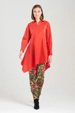 Cotton Poplin Asymmetrical Flounce Shirt -Natori Sales Shop Cotton Poplin Asymmetrical Flounce Shirt Burnt Red by Natori 13209.1684186824