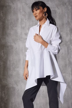 Cotton Poplin Asymmetrical Flounce Shirt -Natori Sales Shop Cotton Poplin Asymmetrical Flounce Shirt White by Natori 95309.1686689044