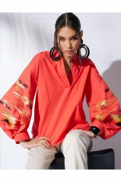 Cotton Poplin Balloon Embroidery Top -Natori Sales Shop Cotton Poplin Balloon One Shoulder Embriodery Top Coral by Natori 05991.1670957768