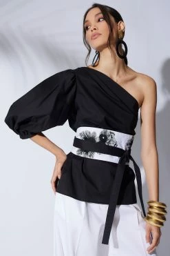 Cotton Poplin Embroidery Obi Belt -Natori Sales Shop Cotton Poplin Balloon One Shoulder Top Black Cotton Poplin Embroidery Obi Belt White by Natori 61357.1671041164