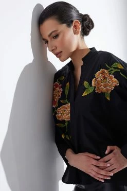 Cotton Poplin Embroidered Caftan Shirt -Natori Sales Shop Cotton Poplin Embroidered Caftan Shirt Black by Natori 2 68172.1663955938