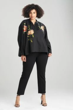 Cotton Poplin Embroidered Caftan Shirt -Natori Sales Shop Cotton Poplin Embroidered Caftan Shirt Black by Natori 3 84166.1659099012