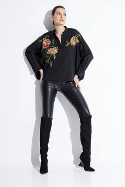 Cotton Poplin Embroidered Caftan Shirt -Natori Sales Shop Cotton Poplin Embroidered Caftan Shirt Black by Natori 04718.1663955946