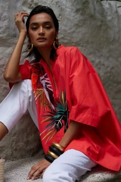 Cotton Poplin Embroidered Mandarin Top -Natori Sales Shop Cotton Poplin Embroidered Mandarin Top Bright Heather Coral by Natori 2 04746.1679605466