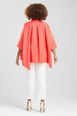 Cotton Poplin Embroidered Mandarin Top -Natori Sales Shop Cotton Poplin Embroidered Mandarin Top Bright Heather Coral by Natori 2 34129.1674769770