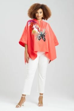 Cotton Poplin Embroidered Mandarin Top -Natori Sales Shop Cotton Poplin Embroidered Mandarin Top Bright Heather Coral by Natori 29511.1674769769