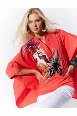 Cotton Poplin Embroidered Mandarin Top -Natori Sales Shop Cotton Poplin Embroidered Mandarin Top Bright Heather Coral by Natori 38249.1678810727