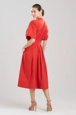 Cotton Poplin Embroidered Maxi Pleated Dress -Natori Sales Shop Cotton Poplin Embroidered Maxi Pleated Dress Burnt Red by Natori 2 93713.1683638611