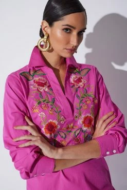 Cotton Poplin Embroidered Oversized Top -Natori Sales Shop Cotton Poplin Embroidered Oversized Top Pink Sapphire by Natori 24819.1674750186