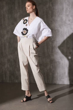 Cotton Chino High Waisted Pleated Pants -Natori Sales Shop Cotton Poplin Embroidered V Neck Top White by Natori 2 28321.1686689240