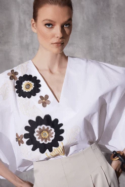 Cotton Poplin Embroidered V-Neck Top -Natori Sales Shop Cotton Poplin Embroidered V Neck Top White by Natori 58544.1686689012