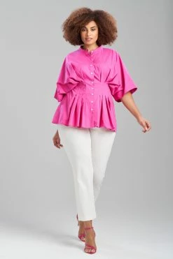 Cotton Poplin Pleated Mandarin Top 14 Cotton Poplin Pleated Mandarin Top -Natori Sales Shop Cotton Poplin Pleated Mandarin Top Pink Sapphire by Natori 3 84490.1674582006