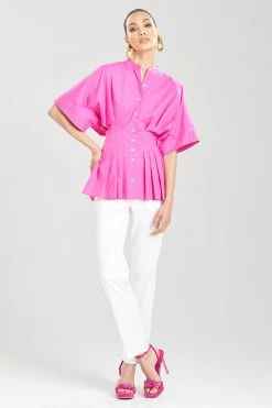 Cotton Poplin Pleated Mandarin Top