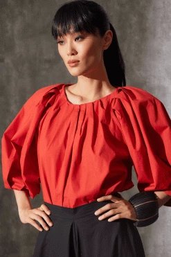 Cotton Poplin Pleated Pullover Top 12 Cotton Poplin Pleated Pullover Top -Natori Sales Shop Cotton Poplin Pleated Pullover Top Burnt Red by Natori 37804.1686690795