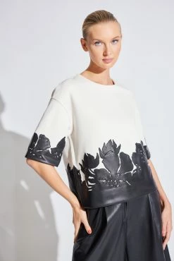 Vegan Luxe Leather Trouser Pants -Natori Sales Shop Double Knit Short Sleeve Applique Sweatshirt Natural White by Natori 4 57136.1654185834