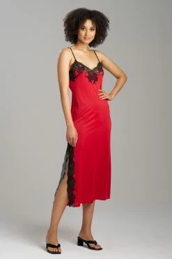 Enchant Lace Slit Gown -Natori Sales Shop Enchant Lace Slit Gown Brocade Red Black by Natori 51787.1691665193
