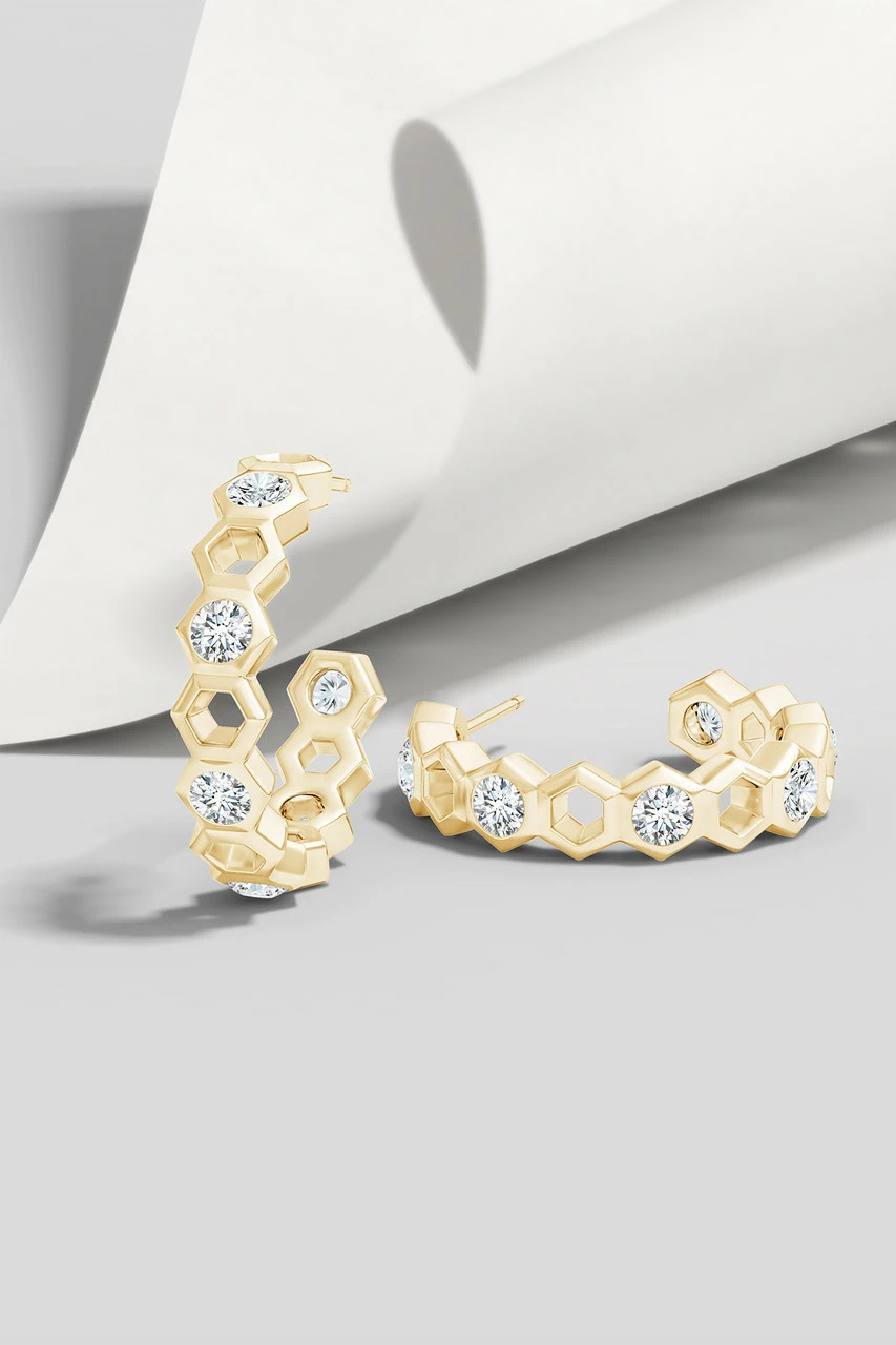 Indochine 14k Small Alternate Stacked Hexagon Diamond Hoop Earrings 4 Indochine 14k Small Alternate Stacked Hexagon Diamond Hoop Earrings - Image 4