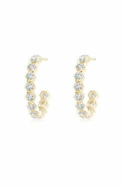 Indochine 14k Small Stacked Hexagon Diamond J-Hoop Earrings