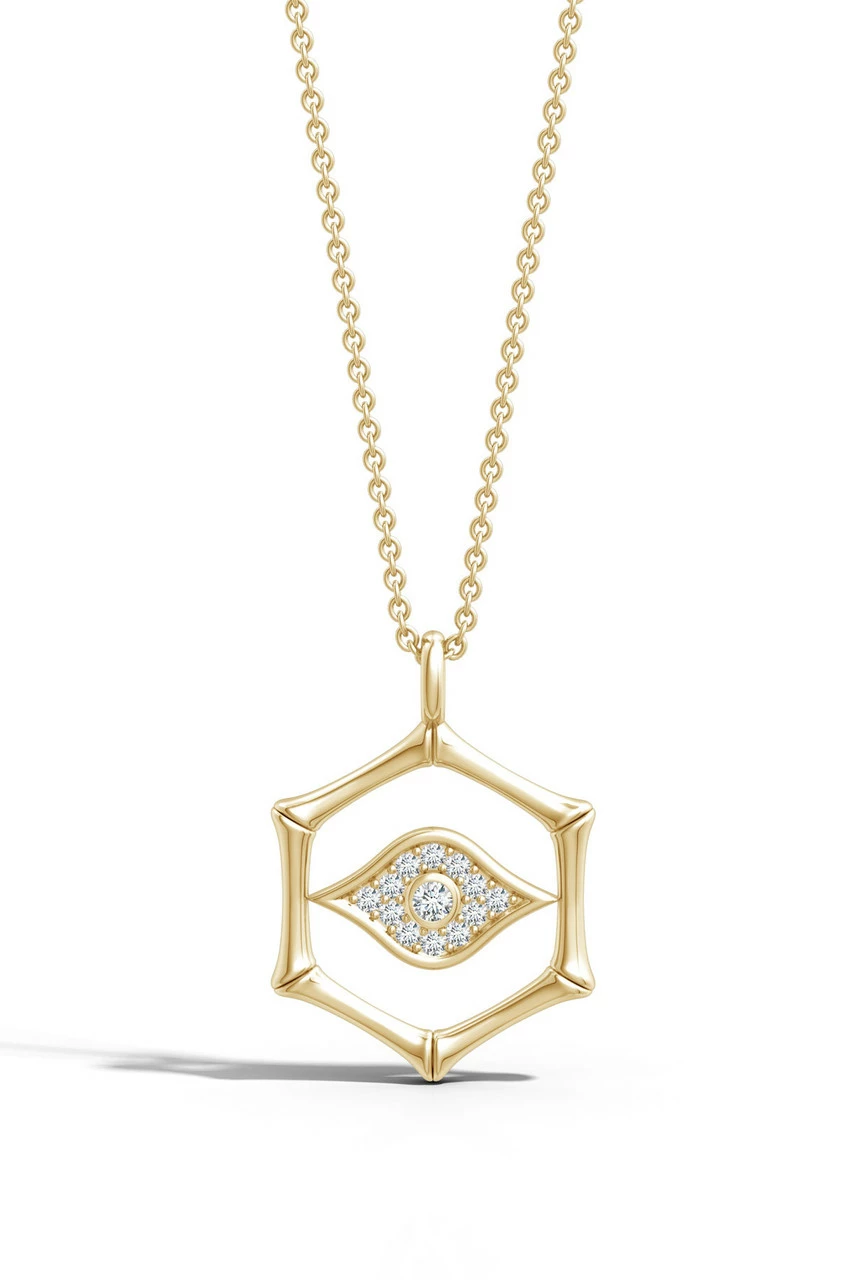 Indochine Spirit 14k Evil Eye Bamboo Hexagon Frame Diamond Necklace 3 Indochine Spirit 14k Evil Eye Bamboo Hexagon Frame Diamond Necklace - Image 3