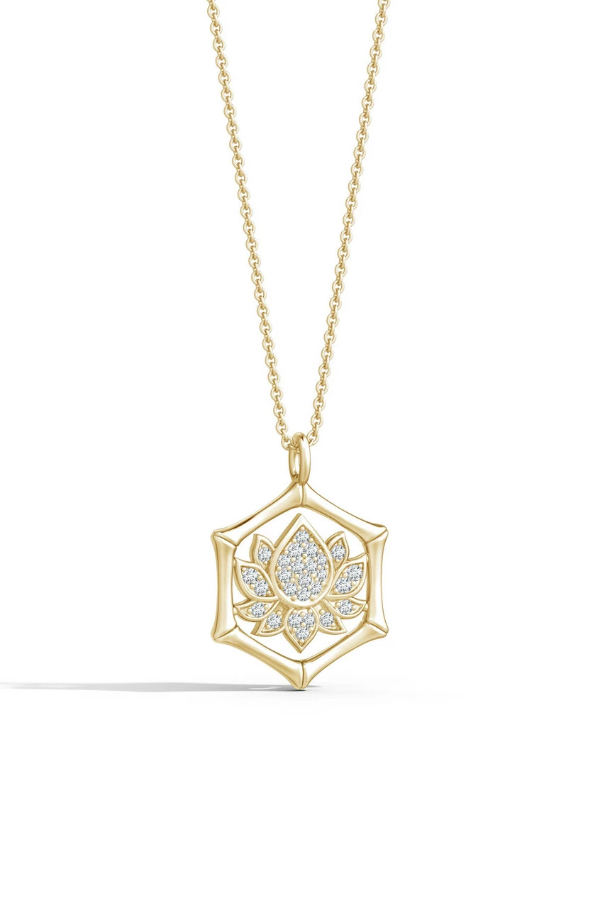 Indochine Spirit 14k Bamboo Frame Lotus Diamond Pendant Necklace 1 Indochine Spirit 14k Bamboo Frame Lotus Diamond Pendant Necklace