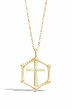 Indochine Spirit 14k Bamboo Frame Cross Diamond Pendant Necklace