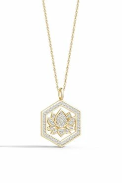 Indochine Spirit 14k Hexagon Frame Lotus Pave Diamond Pendant Necklace