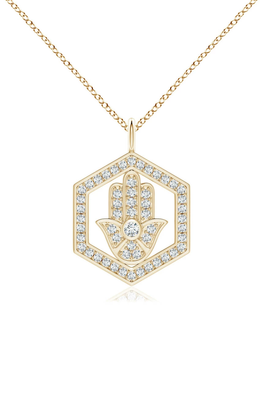 Indochine Spirit 14k Hexagon Frame Hamsa Pave Diamond Pendant Necklace 2 Indochine Spirit 14k Hexagon Frame Hamsa Pave Diamond Pendant Necklace - Image 2