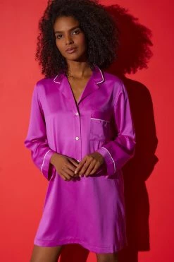 Feathers Satin Essentials Notch Collar Sleepshirt -Natori Sales Shop Feathers Satin Essentials Notch Collar Sleepshirt Bright Magenta by Natori 21295.1655140374