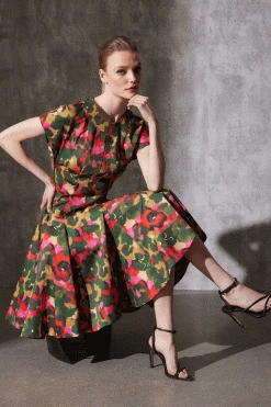 Floral Fit & Flare Pleated Dress -Natori Sales Shop Floral Fit Flare Pleated Dress Paprika by Natori 12243.1690972566