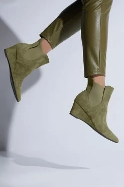 Gaisha-Su Suede Wedge Bootie 36 Gaisha-Su Suede Wedge Bootie -Natori Sales Shop Gaisha Su Suede Wedge Bootie Olive by Natori 2 09927.1662049103