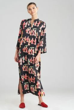 Geisha-Printed Satin Caftan