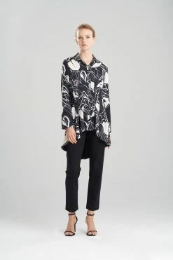 Hana Fluid Crepe Darted Tunic Shirt -Natori Sales Shop Hana Fluid Crepe Darted Tunic Shirt Black Multi by Natori 26085.1640814682