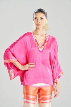 Key Essentials Embroidered Kimono Sleeve Silk Top -Natori Sales Shop Key Essentials Embroidered Kimono Sleeve Silk Top Pink Sapphire by JN 2 44944.1674572422