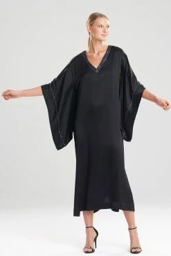 Key Essentials Embroidered Trim Caftan -Natori Sales Shop Key Essentials Embroidered Trim Caftan Black by Josie Natori 56054.1641497560