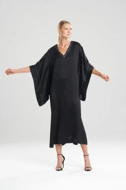 Key Essentials Embroidered Trim Caftan -Natori Sales Shop Key Essentials Embroidered Trim Caftan Black by Josie Natori 71637.1641497558