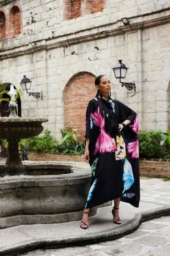 Kyoko Butterfly Beaded Silk Caftan -Natori Sales Shop Kyoko Butterfly Beaded Silk Caftan Black Multi by Natori 58110.1683148079