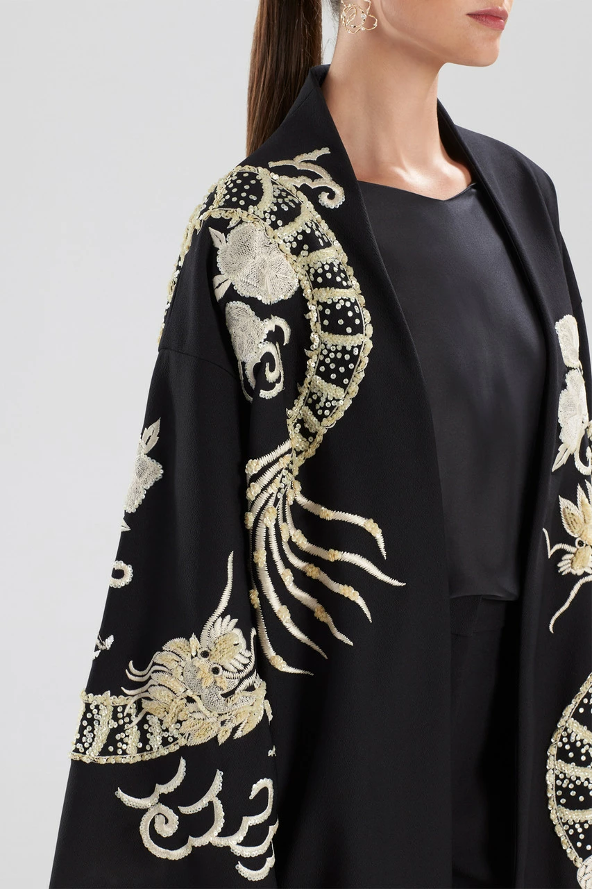 Compact Knit Crepe Embroidered Dragon Caban Jacket 1 Compact Knit Crepe Embroidered Dragon Caban Jacket