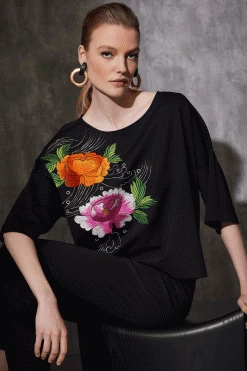 Light Weight Ponte Embroidered Boat Neck Top -Natori Sales Shop Light Weight Ponte Embroidered Boat Neck Top Black by Natori 00569.1686688310