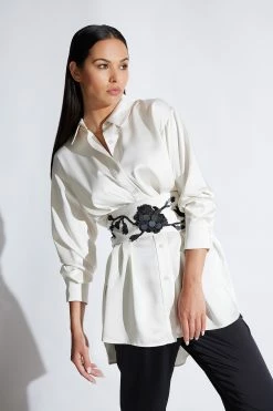 Luxe Charmeuse Shirt -Natori Sales Shop Luxe Charmeuse Shirt White Obi Beaded Belt Warm White by Natori 30119.1666730472